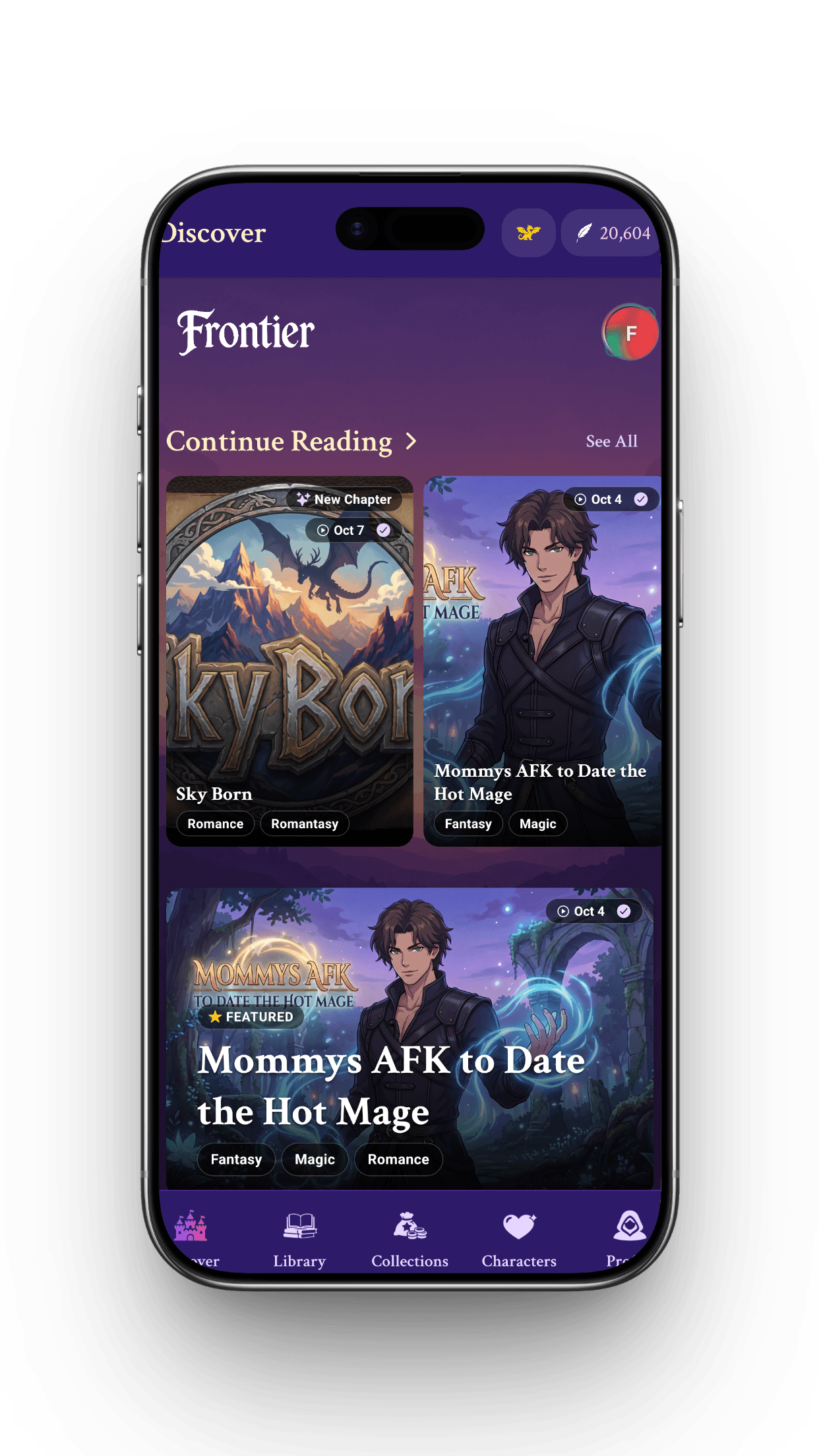 The Discover feed of stories in the Frontier app